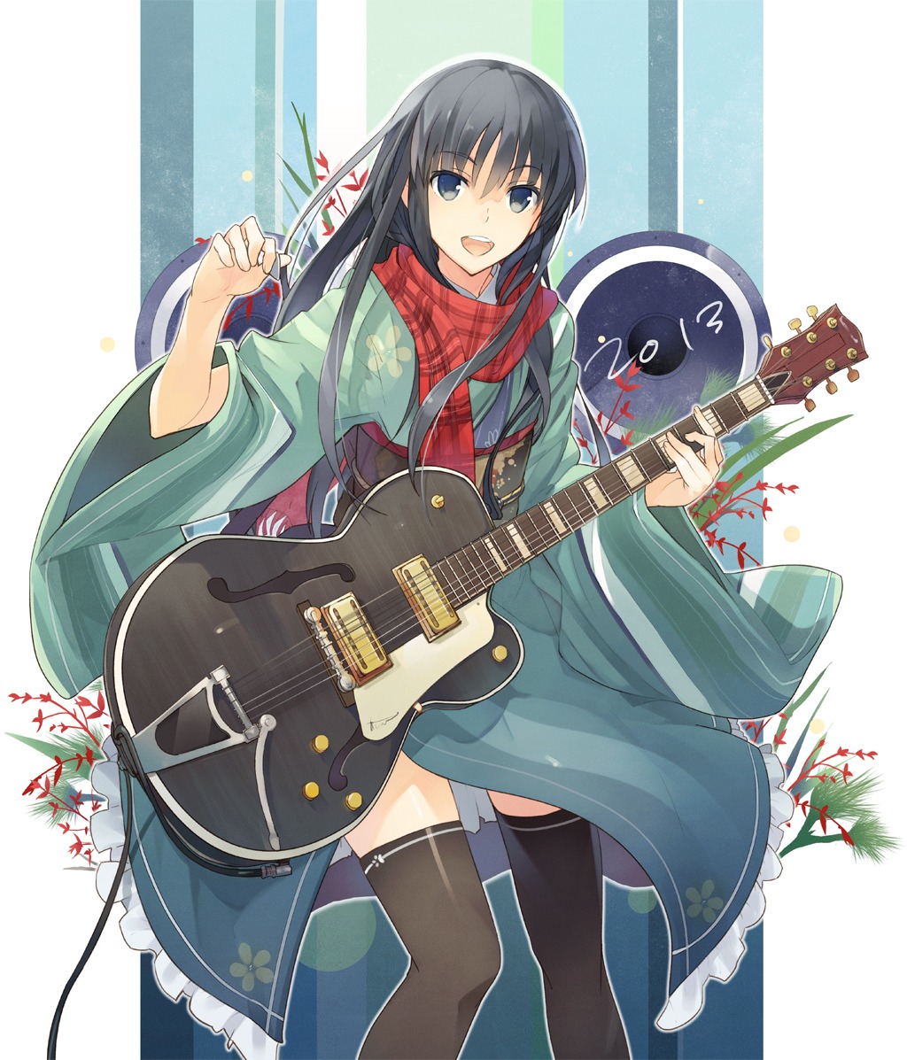 guitar, miz, thighhighs, yukata