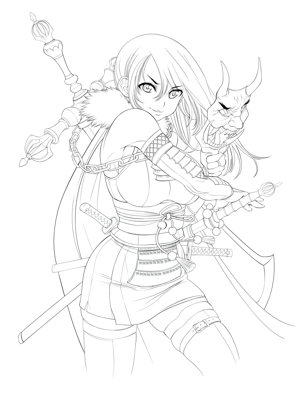 armor, line_art, monochrome, sword, temutemutemu, thighhighs