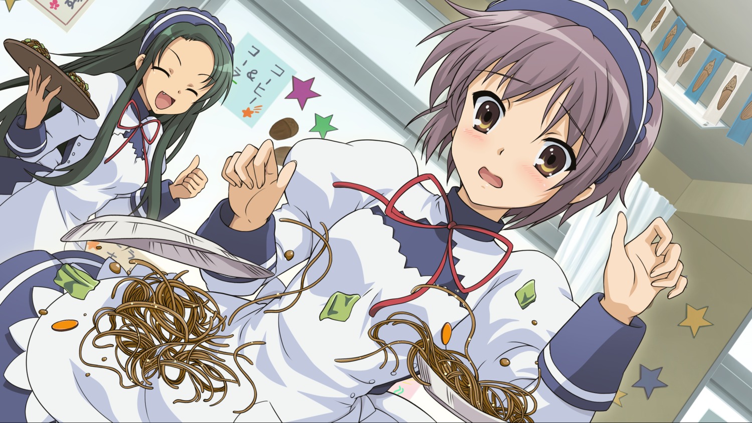 game_cg, nagato_yuki, suzumiya_haruhi_no_tsuisou, suzumiya_haruhi_no_yuuutsu, tsuruya, waitress