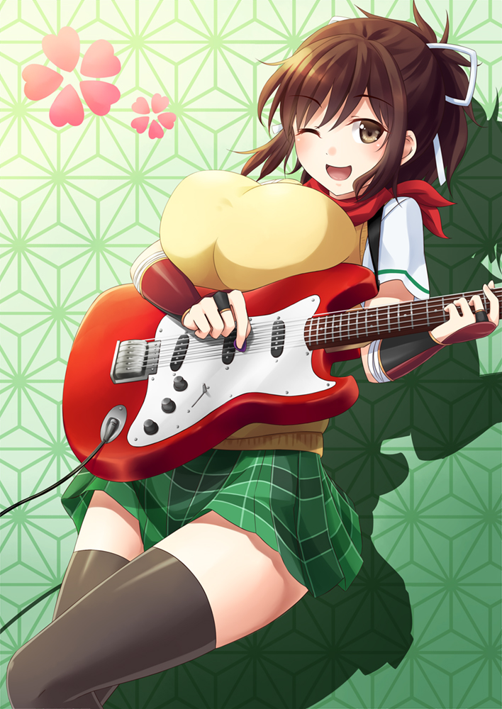 aoi_usagi, asuka_(senran_kagura), guitar, seifuku, senran_kagura, sweater, thighhighs