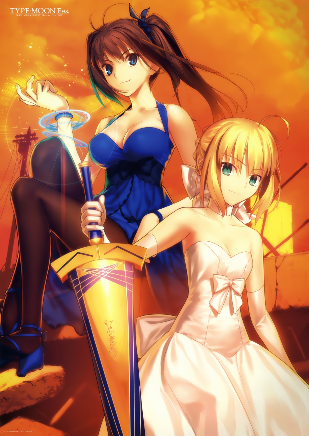 aozaki_aoko, artoria_pendragon_(fate), cleavage, dress, fate/stay_night, koyama_hirokazu, mahou_tsukai_no_yoru, pantyhose, sword, takeuchi_takashi, type-moon