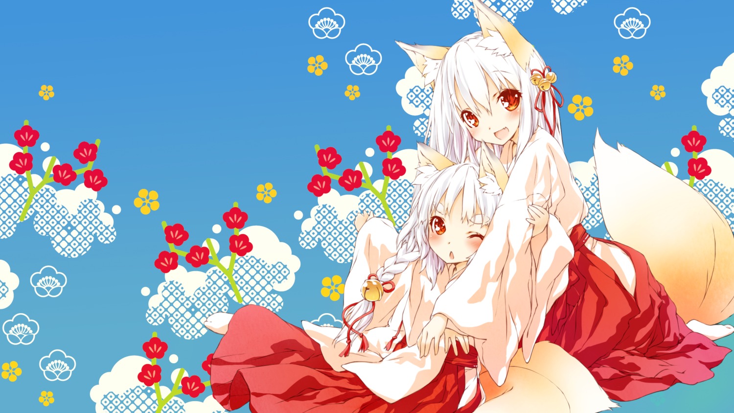 animal_ears, miko, saeki_thoma, tail, wallpaper