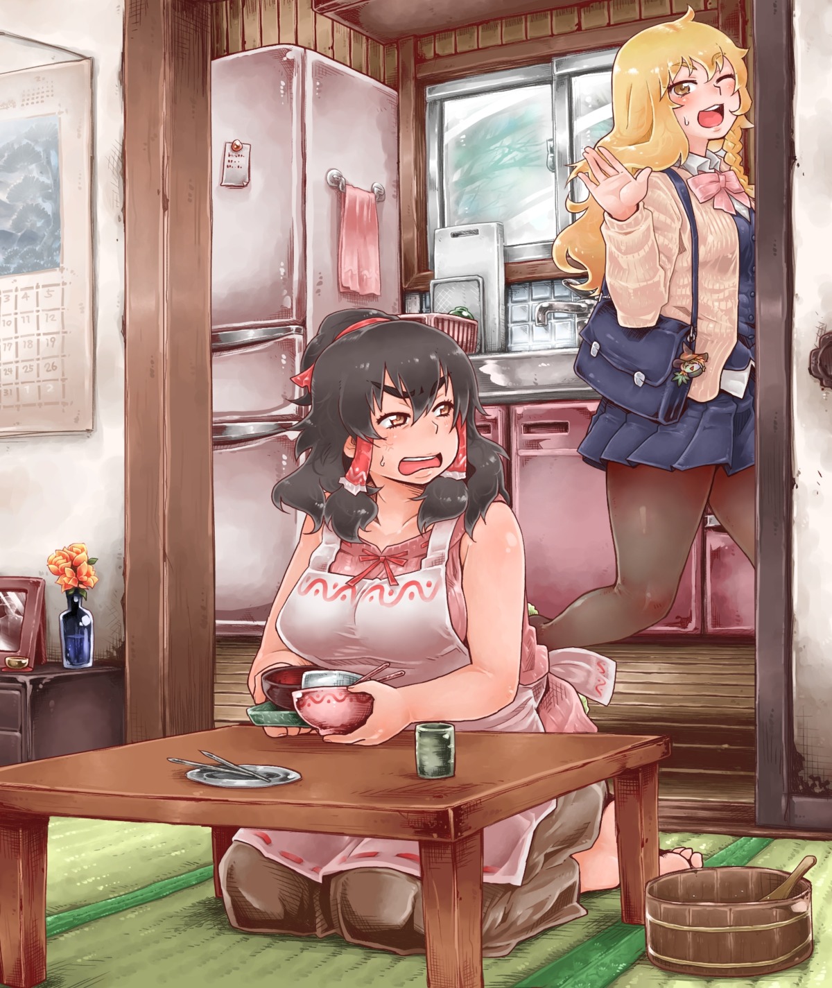hakurei_reimu, kirisame_marisa, pantyhose, tobatoinu, touhou
