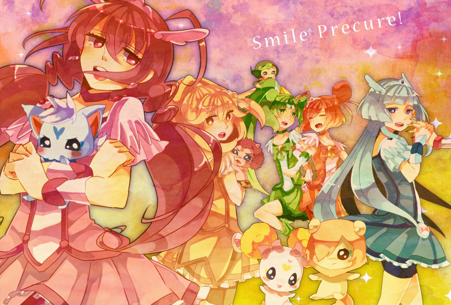 akaoni, aoki_reika, bike_shorts, candy_(smile_precure), hino_akane, hoshizora_miyuki, joker_(precure), kinomiya_machi