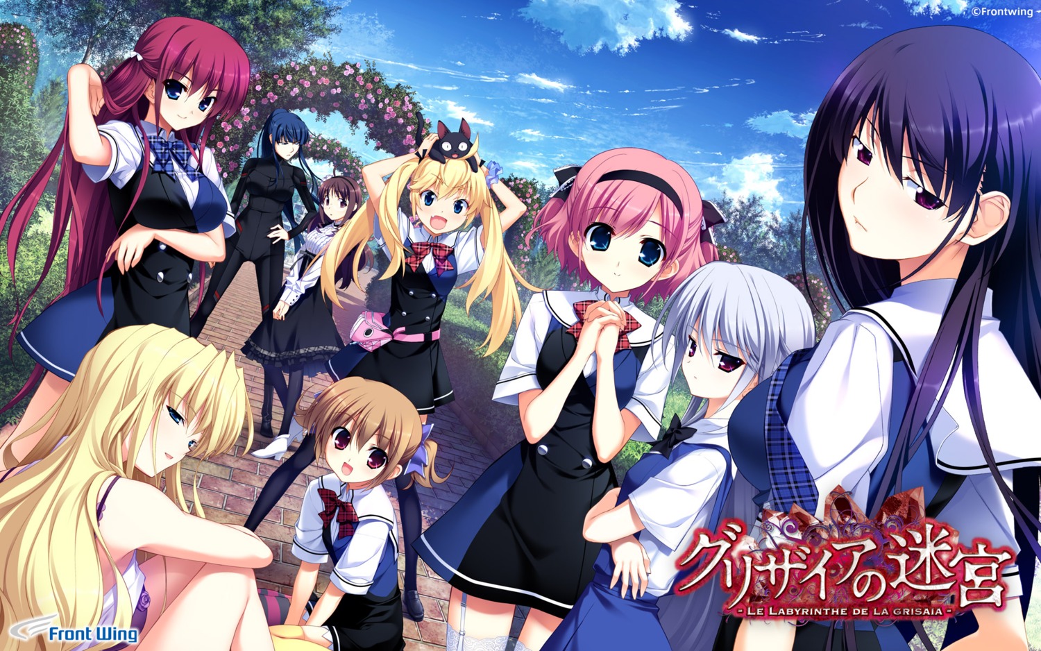 bodysuit, breast_hold, front_wing, fumio, grisaia, grisaia_no_kajitsu, grisaia_no_meikyu, grisaia_no_rakuen, harudera_yuria, irisu_makina, kazami_kazuki, komine_sachi, matsushima_michiru, megane, neko, pantyhose, sakaki_yumiko, seifuku, stockings, suou_amane, tachibana_chizuru, thighhighs, wallpaper, watanabe_akio