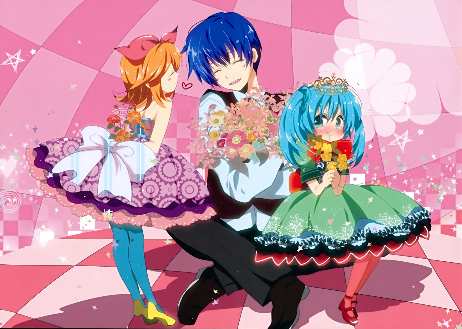 dress, hatsune_miku, kagamine_rin, kaito, marirero_a, pantyhose, vocaloid