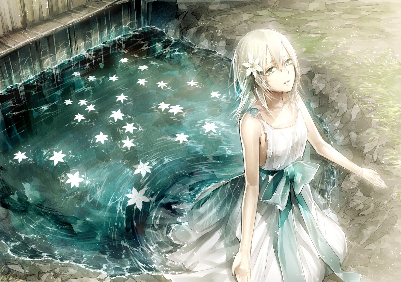 dress, kazari_tayu, landscape, nier, nier_replicant, no_bra, wet, yonah