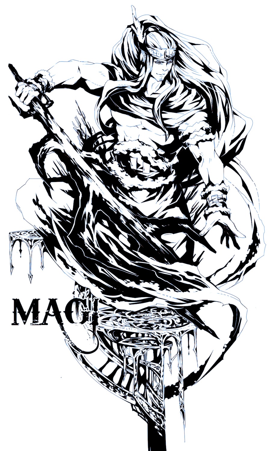 garasu, hinahoho, magi_the_labyrinth_of_magic, male, monochrome, sword