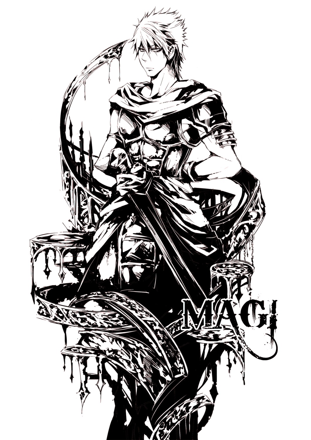 garasu, magi_the_labyrinth_of_magic, male, masrur, monochrome