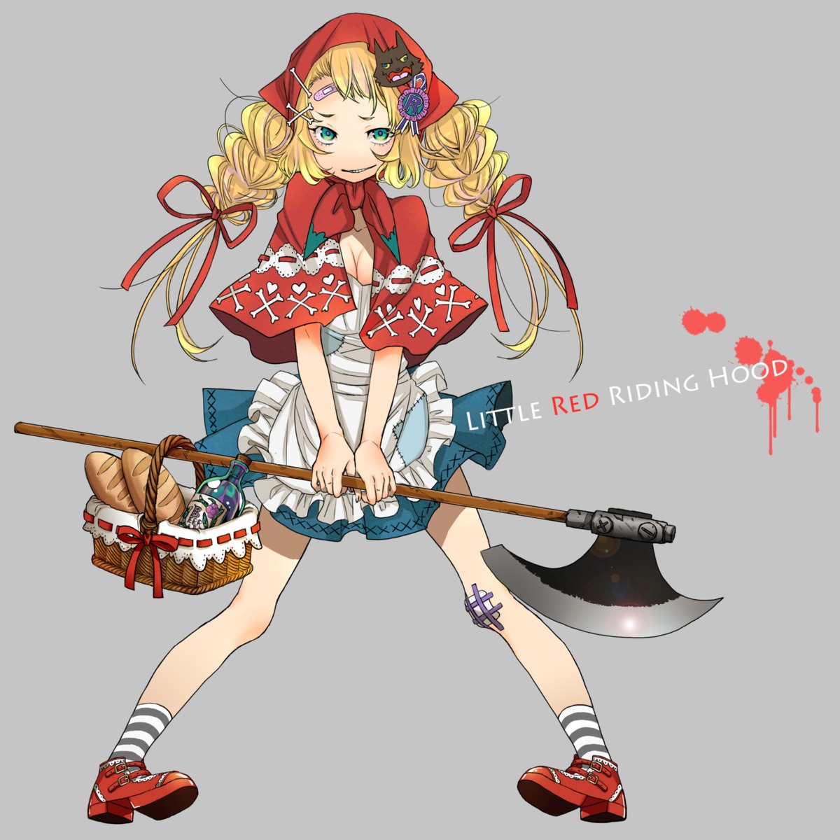 bandages, bandaid, cleavage, dress, iria_(yumeirokingyo), little_red_riding_hood_(character), weapon