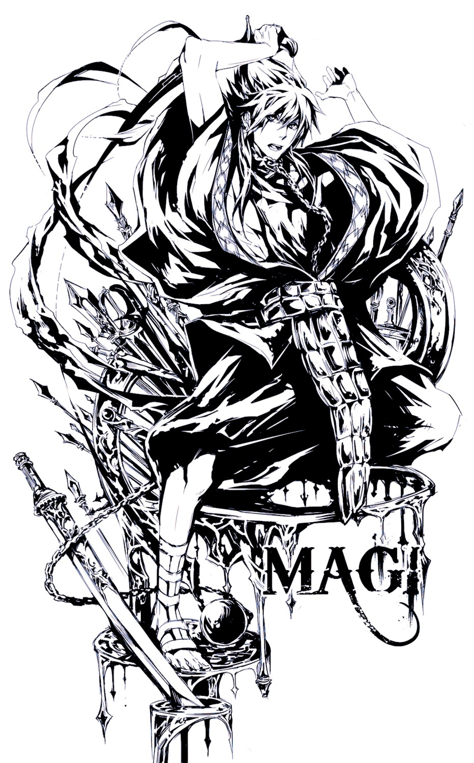 garasu, magi_the_labyrinth_of_magic, male, monochrome, sharrkan, sword