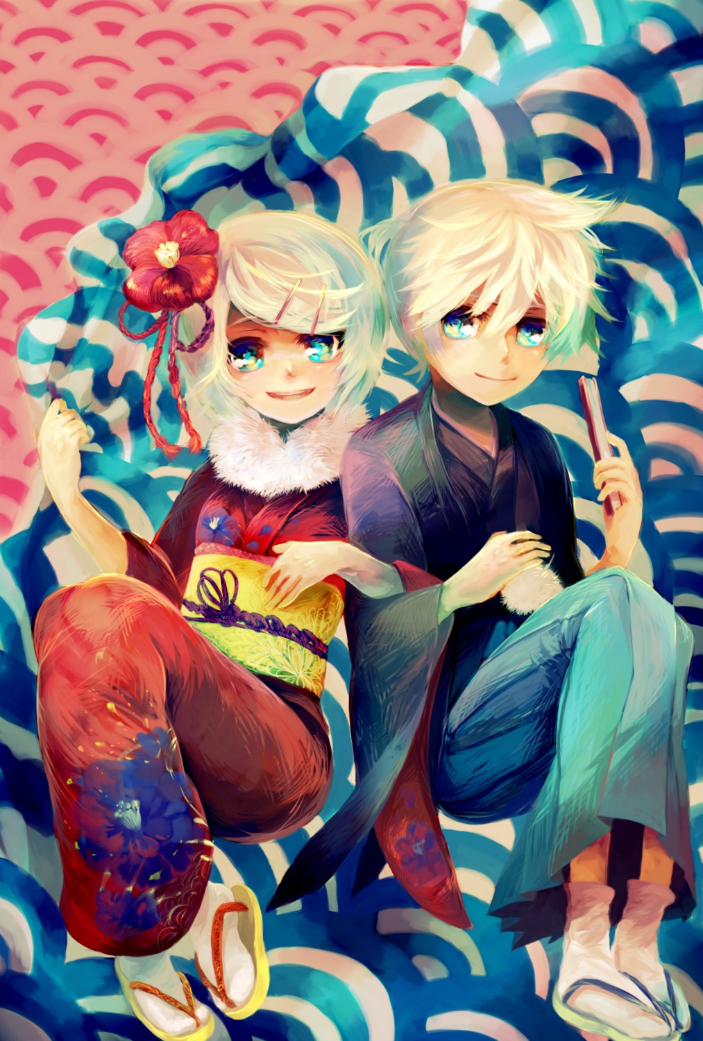 kagamine_len, kagamine_rin, kimono, sachirika, vocaloid