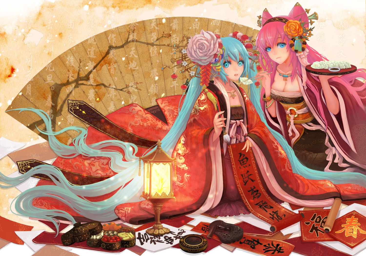 chinadress, cleavage, hatsune_miku, megurine_luka, teddy_yang, vocaloid