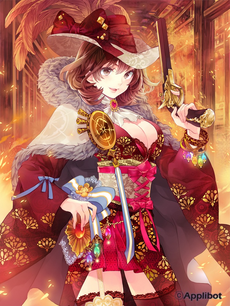 cleavage, gun, kimono, russel_(yumeriku), thighhighs