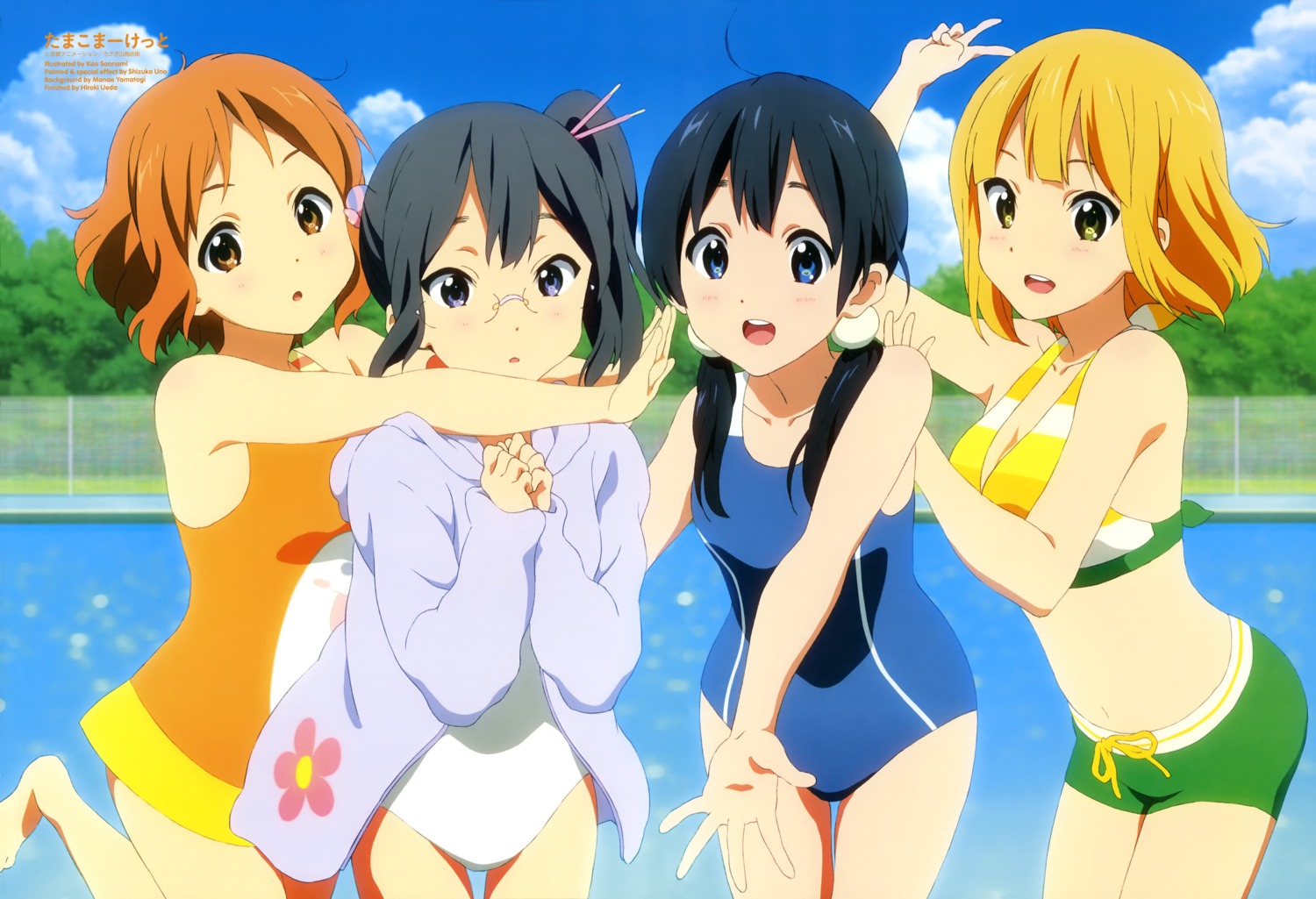 asagiri_shiori, bikini, kitashirakawa_tamako, makino_kanna, megane, sannami_kao, swimsuits, tamako_market, tokiwa_midori