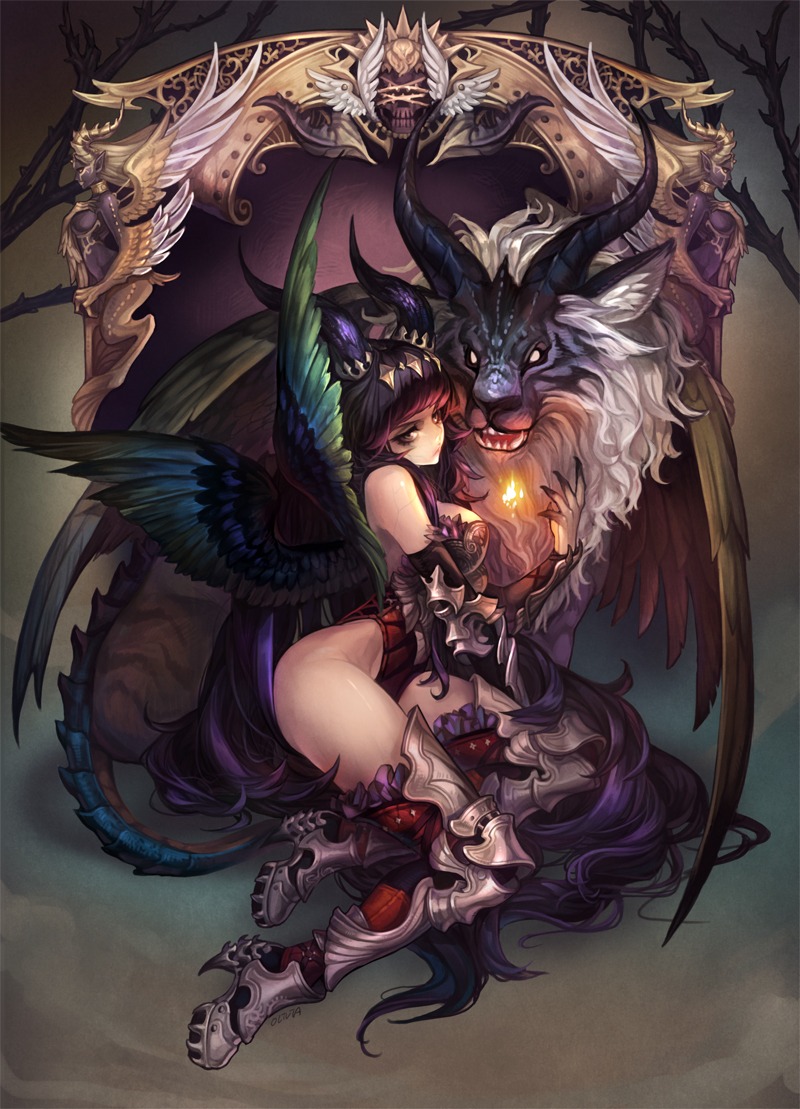horns, monster, olivia_(yh), thighhighs, wings