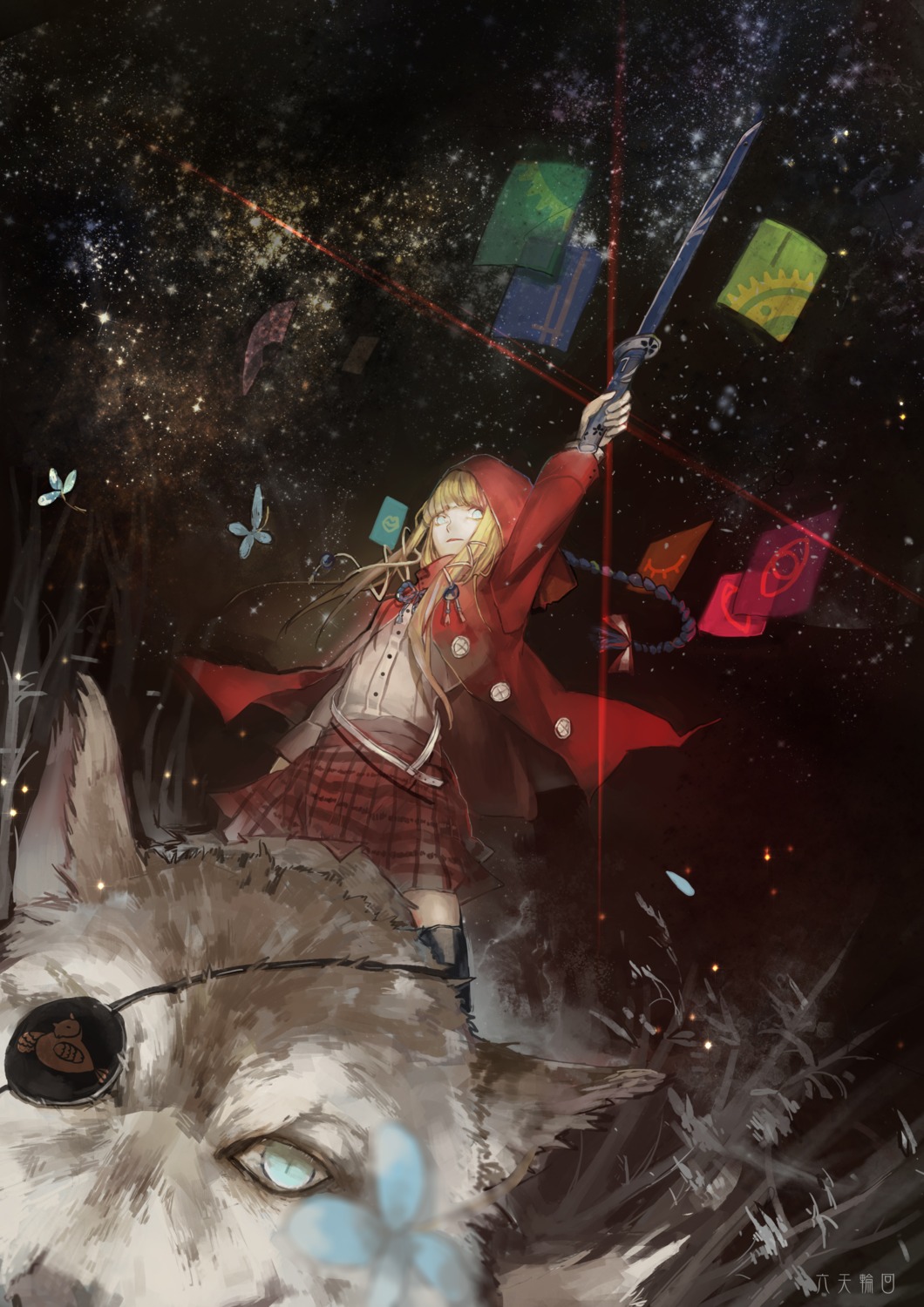 eyepatch, little_red_riding_hood_(character), nibanmachi_wakai, sword, thighhighs