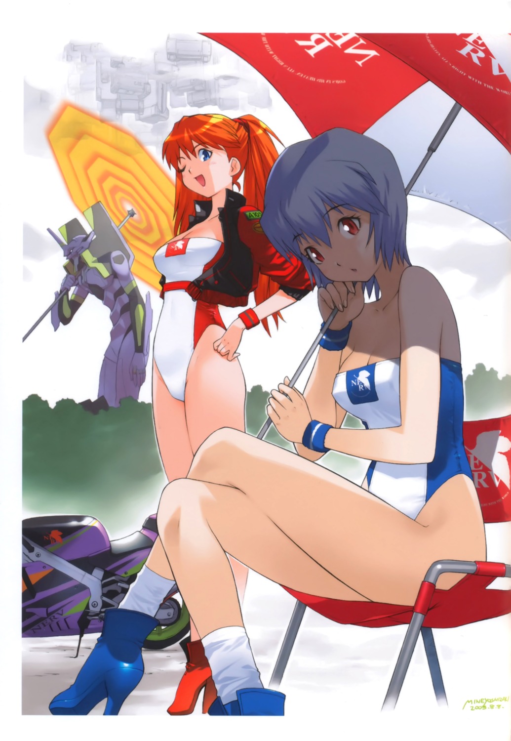 ayanami_rei, cleavage, eva_01, mecha, neon_genesis_evangelion, souryuu_asuka_langley, swimsuits, yoshizaki_mine