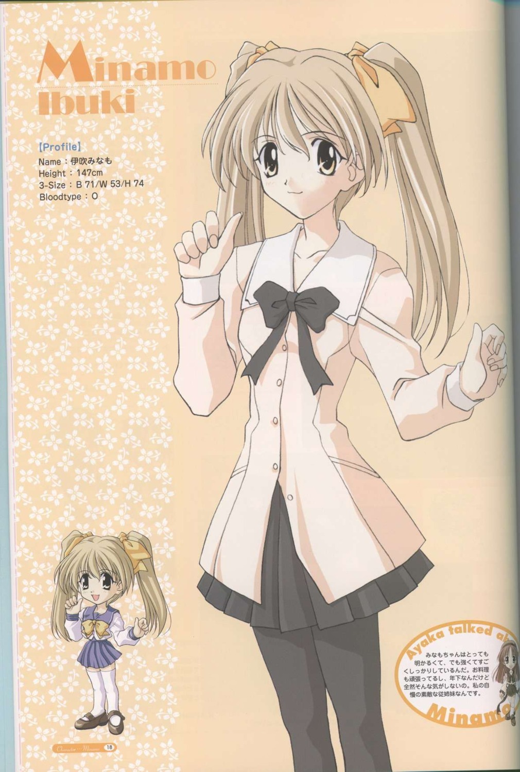 binding_discoloration, chibi, hizuki_ayaka, ibuki_minamo, memories_off, pantyhose, profile_page, seifuku