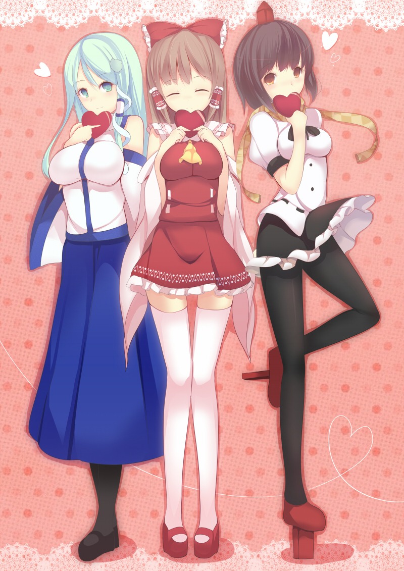 daiaru, hakurei_reimu, kochiya_sanae, pantyhose, shameimaru_aya, thighhighs, touhou, valentine