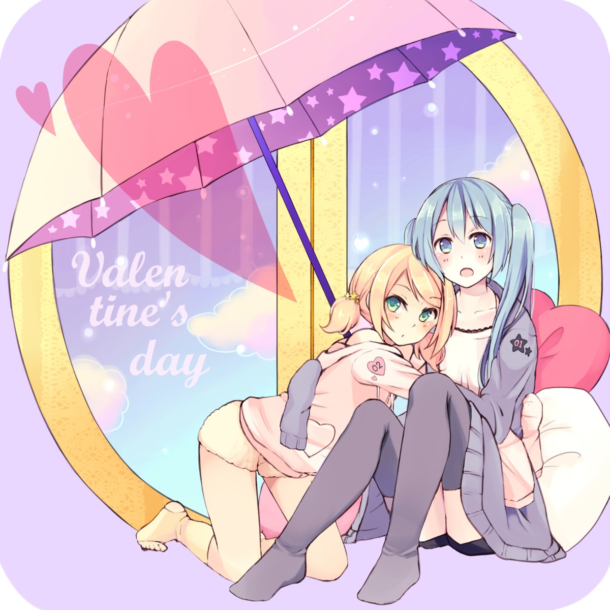 hatsune_miku, kagamine_rin, thighhighs, vocaloid, wadaka