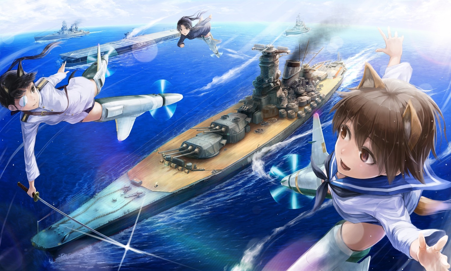 animal_ears, eyepatch, hattori_shizuka, inumimi, lif, miyafuji_yoshika, sakamoto_mio, school_swimsuit, seifuku, strike_witches, swimsuits, sword, tail, uniform