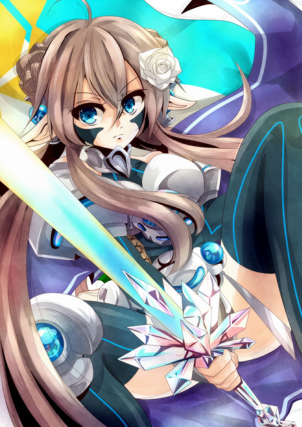 armor, cardfight_vanguard, elf, leading_jewel_knight_salome, pointy_ears, soura-k, sword, thighhighs
