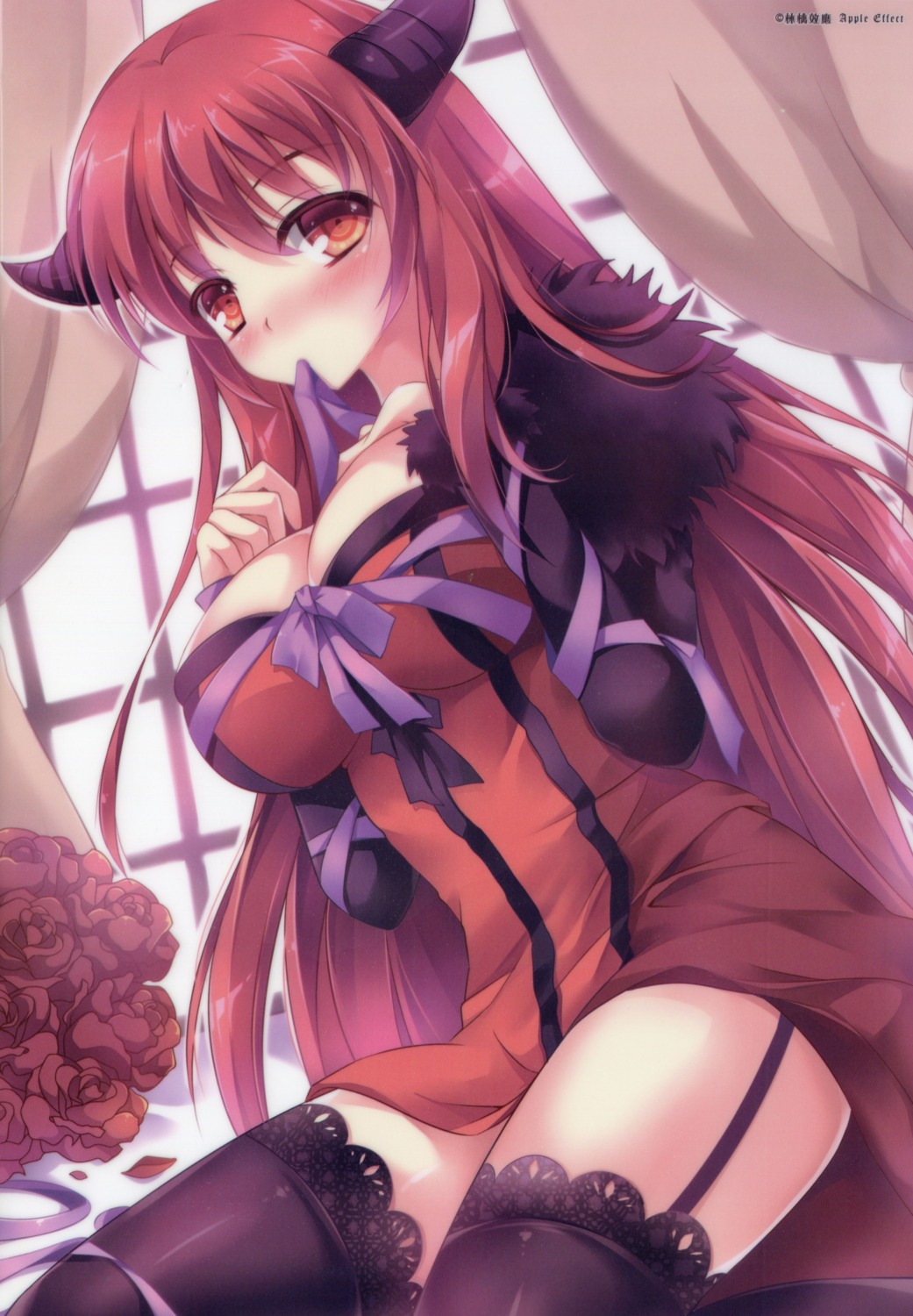 apple_effect, cleavage, horns, maou_(maoyuu_maou_yuusha), maoyuu_maou_yuusha, roldelos, stockings, thighhighs