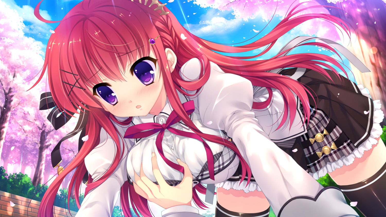 alia's_carnival, breast_grab, mitha, nanawind, ousaka_asuha, seifuku, thighhighs