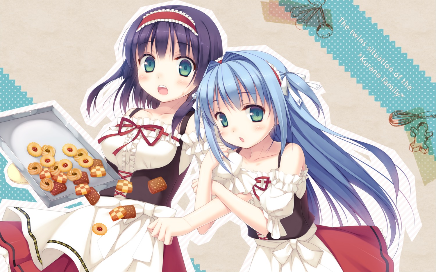 cube, kodamasawa_izumi, kurano_ema, kurano_kun_chi_no_futago_jijou, kurano_yae, waitress, wallpaper