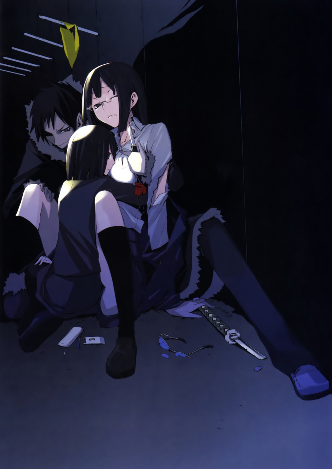 durarara!!, hijiribe_ruri, megane, orihara_izaya, sonohara_anri, sword, torn_clothes, yasuda_suzuhito