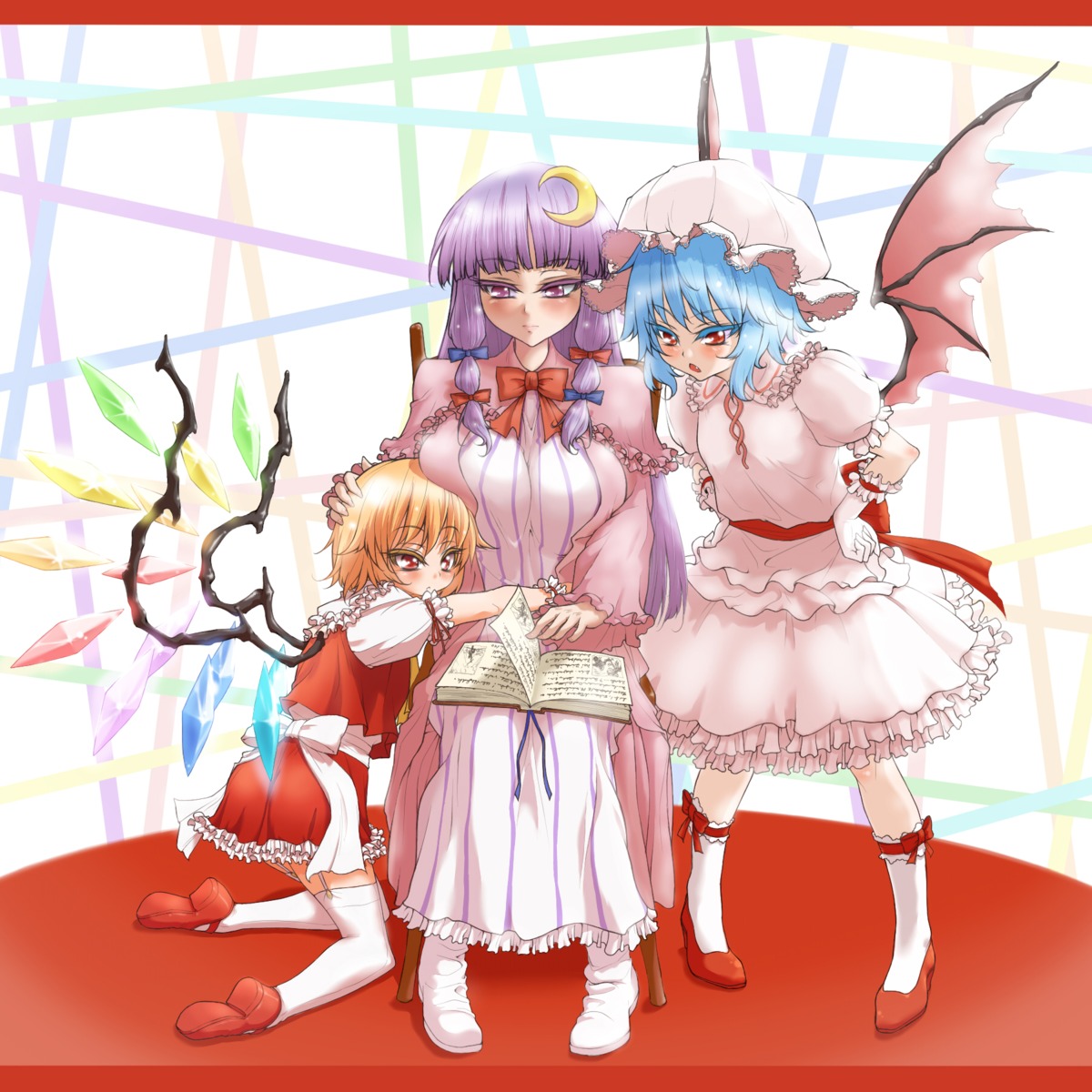 demekyon, flandre_scarlet, patchouli_knowledge, remilia_scarlet, stockings, thighhighs, touhou, wings