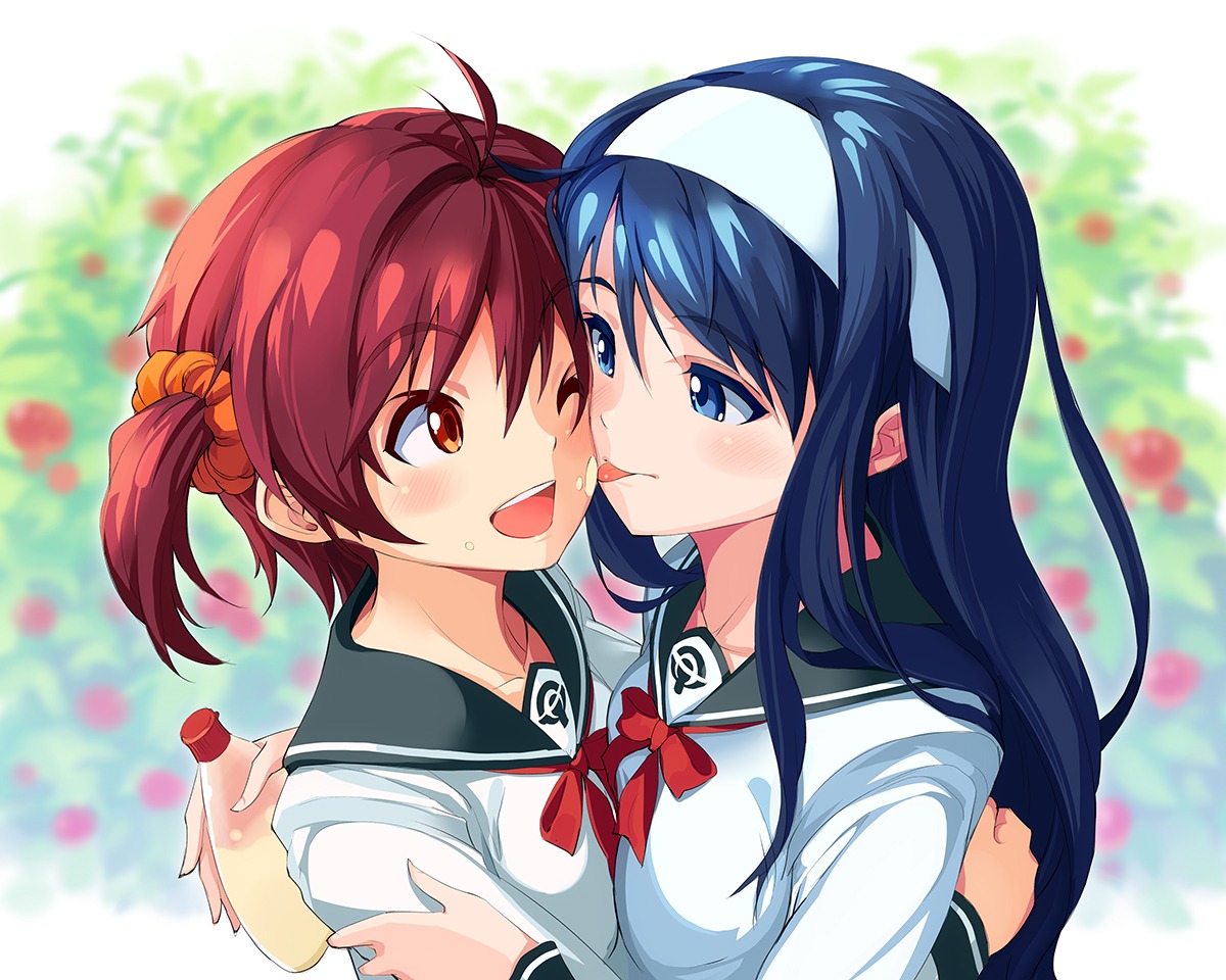 cream, futaba_aoi_(vividred_operation), isshiki_akane, michairu., seifuku, symmetrical_docking, vividred_operation, yuri