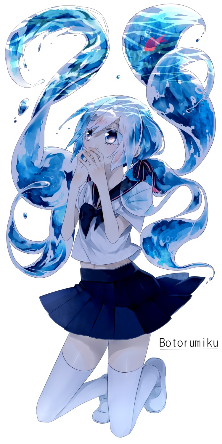 bottle_miku, hatsune_miku, pineapple, seifuku, thighhighs, vocaloid