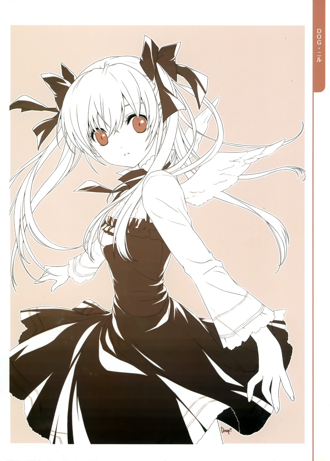 angel, dmyo, dogs, dress, monochrome, nill, snow_ring, wings