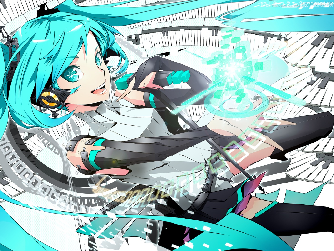 firecel, hatsune_miku, headphones, miku_append, thighhighs, vocaloid