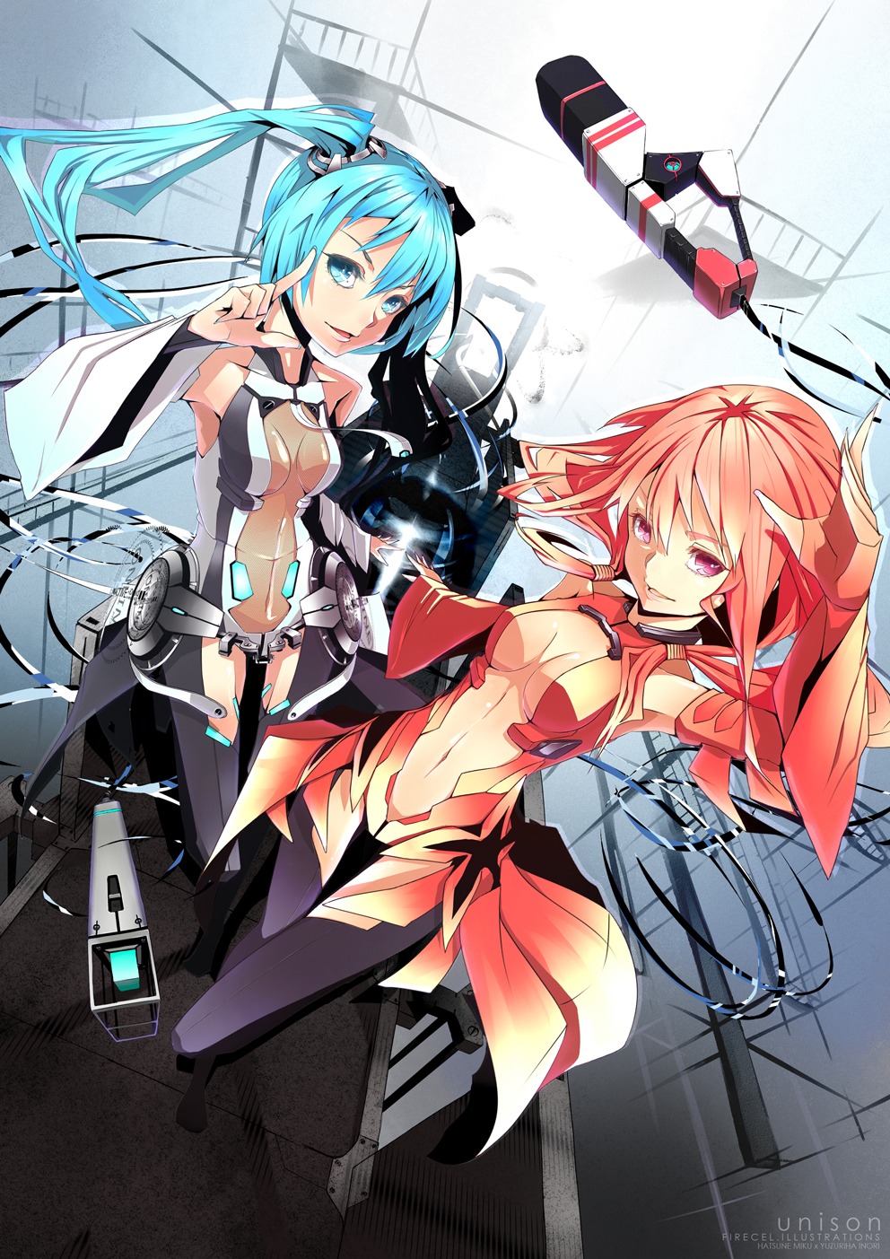 cleavage, crossover, firecel, guilty_crown, hatsune_miku, miku_append, thighhighs, vocaloid, vocaloid_append, yuzuriha_inori