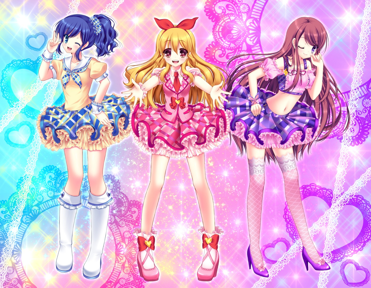 aikatsu!, dress, hoshimiya_ichigo, kiriya_aoi, shibuki_ran, shira_yuri, thighhighs
