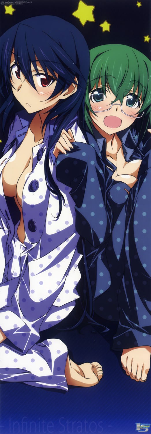 cleavage, infinite_stratos, kurashima_tomoyasu, megane, no_bra, open_shirt, orimura_chifuyu, pajama, stick_poster, yamada_maya