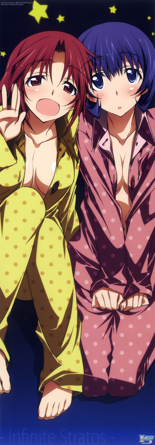 aikawa_kiyoka, cleavage, infinite_stratos, kurashima_tomoyasu, no_bra, nohotoke_honne, open_shirt, pajama, stick_poster