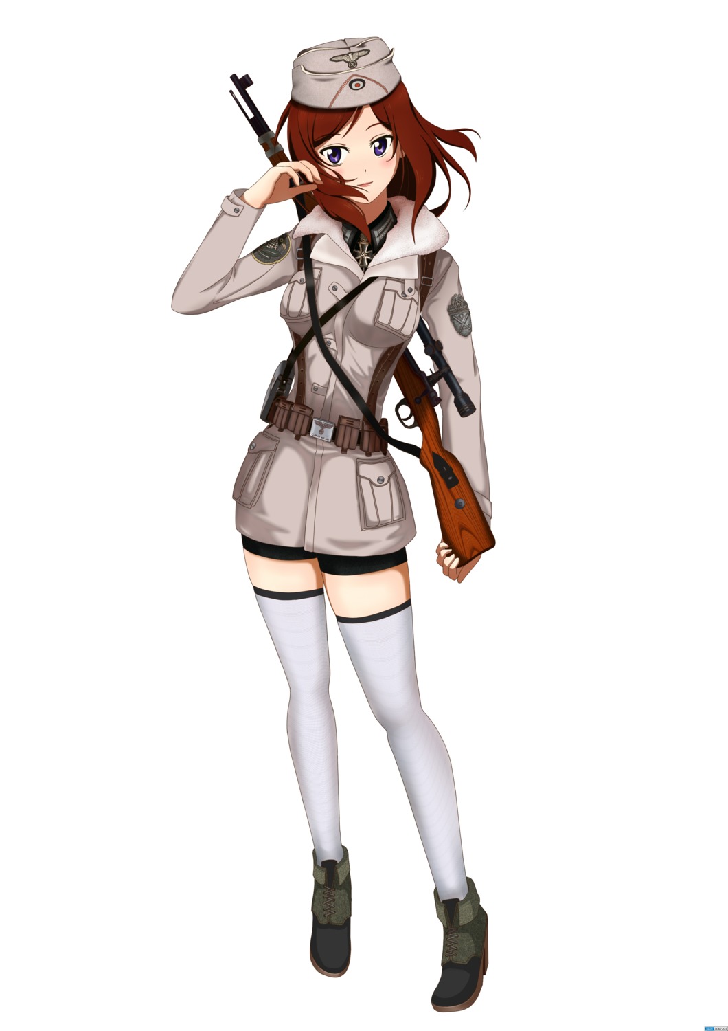gun, heli-kotohime, love_live!, love_live!_(series), nishikino_maki, thighhighs, uniform