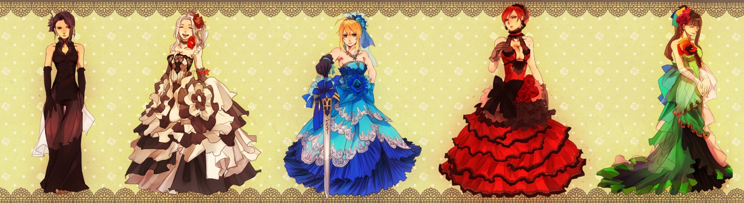 artoria_pendragon_(fate), cleavage, dress, fate/stay_night, fate/zero, hisau_maiya, irisviel_von_einzbern, sola-ui_nuada-re_sophia-ri, sword, tobihachi, toosaka_aoi