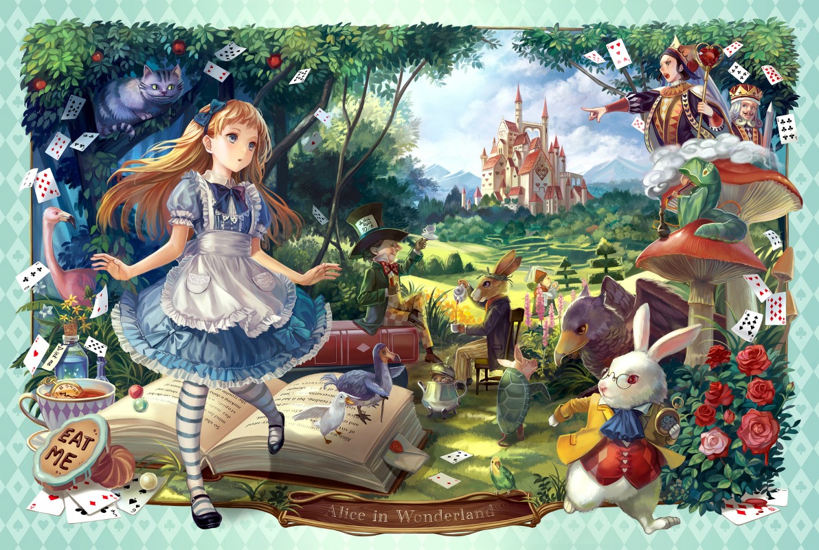 alice, alice_in_wonderland, cheshire_cat, dress, kakyouka, mad_hatter, pantyhose, queen_of_hearts