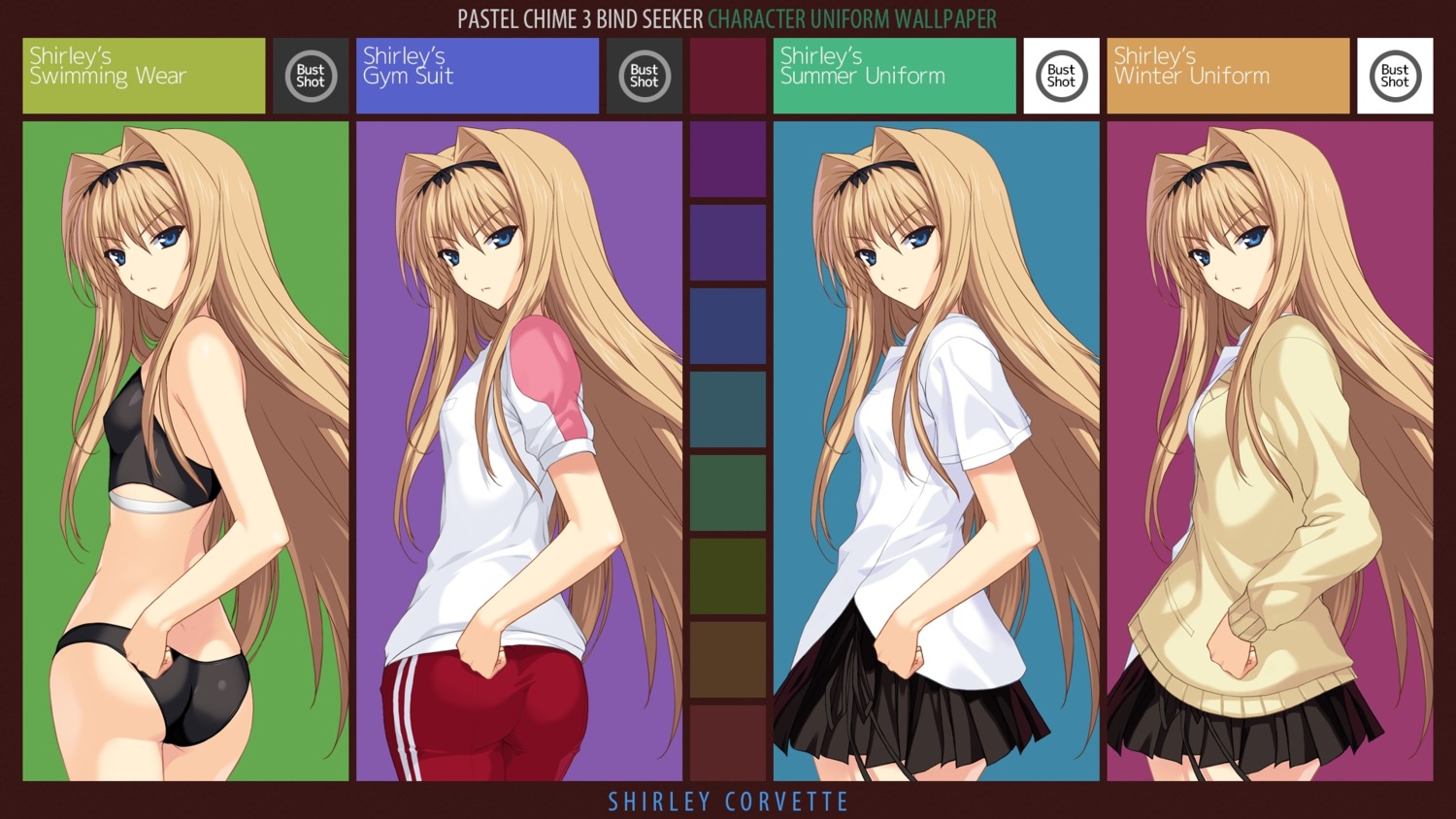 alicesoft, bikini, gym_uniform, onigiri-kun, pastel_chime, pastel_chime_3, seifuku, shirley_corvette, swimsuits, wallpaper