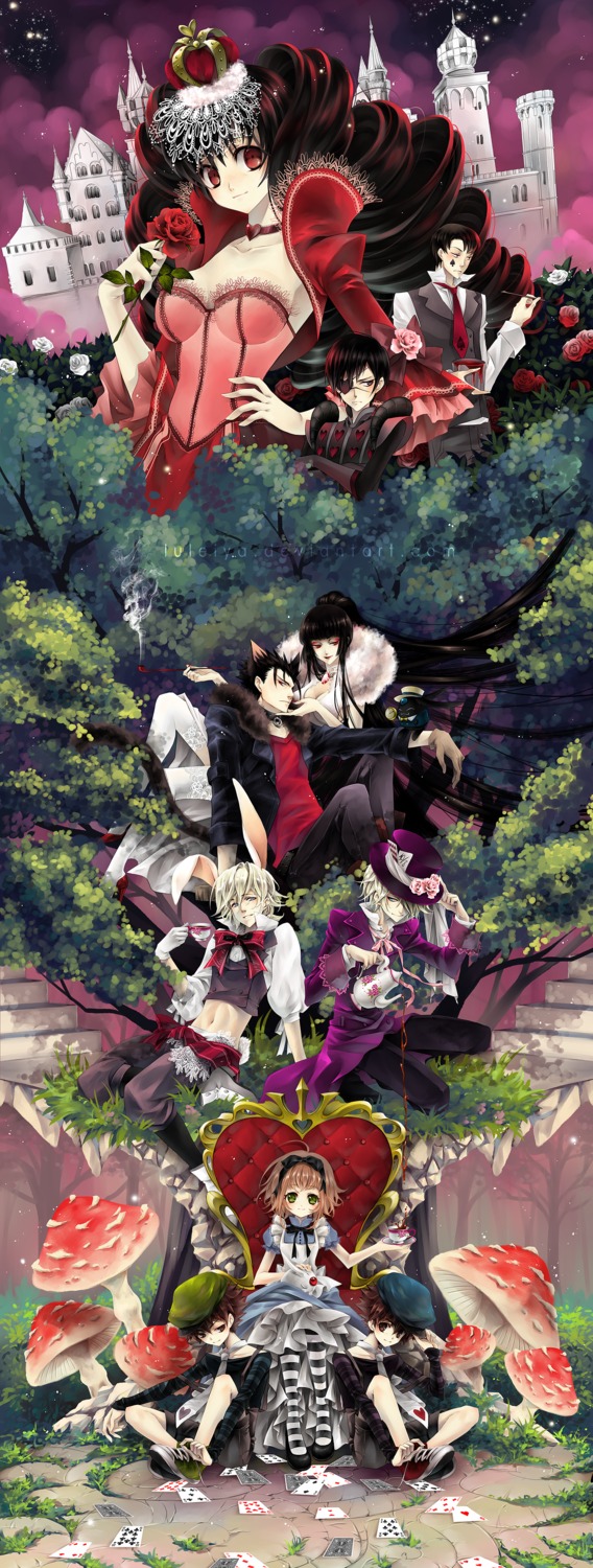 alice_in_wonderland, animal_ears, card_captor_sakura, cleavage, cosplay, crossover, doumeki_shizuka, dress, eyepatch, fai_d._flourite, ichihara_yuuko, kinomoto_sakura, kunogi_himawari, kurogane, li_syaoran, luleiya, mokona, pantyhose, tsubasa_reservoir_chronicle, watanuki_kimihiro, xxxholic