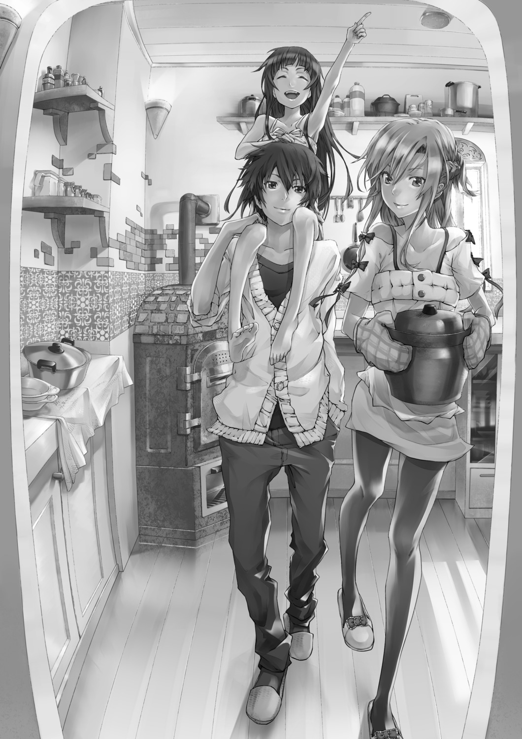 asuna_(sword_art_online), essual, kirito, monochrome, pantyhose, sword_art_online, yui_(sword_art_online)