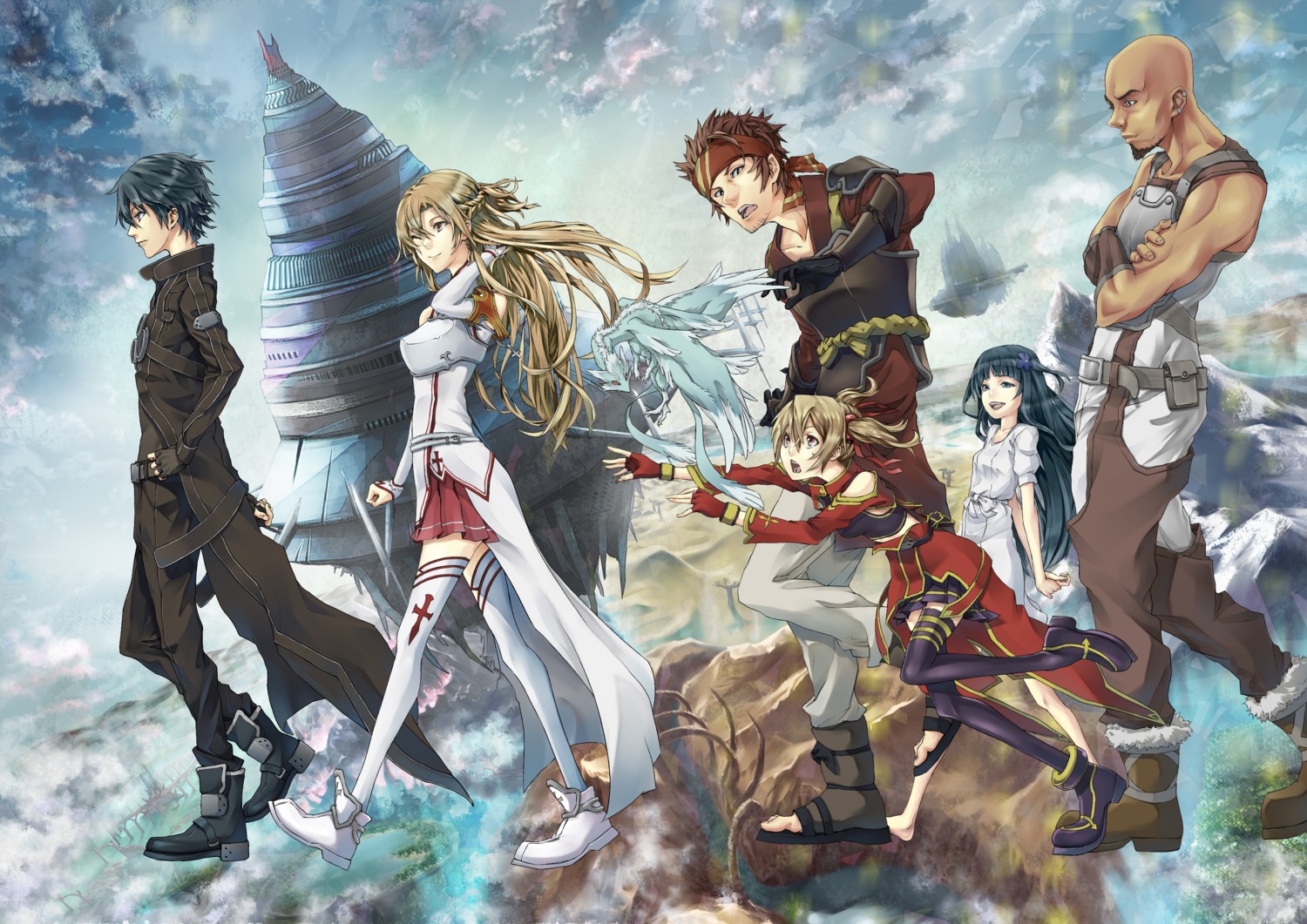 agil, asuna_(sword_art_online), essual, kirito, klein_(sword_art_online), pina, silica, sword_art_online