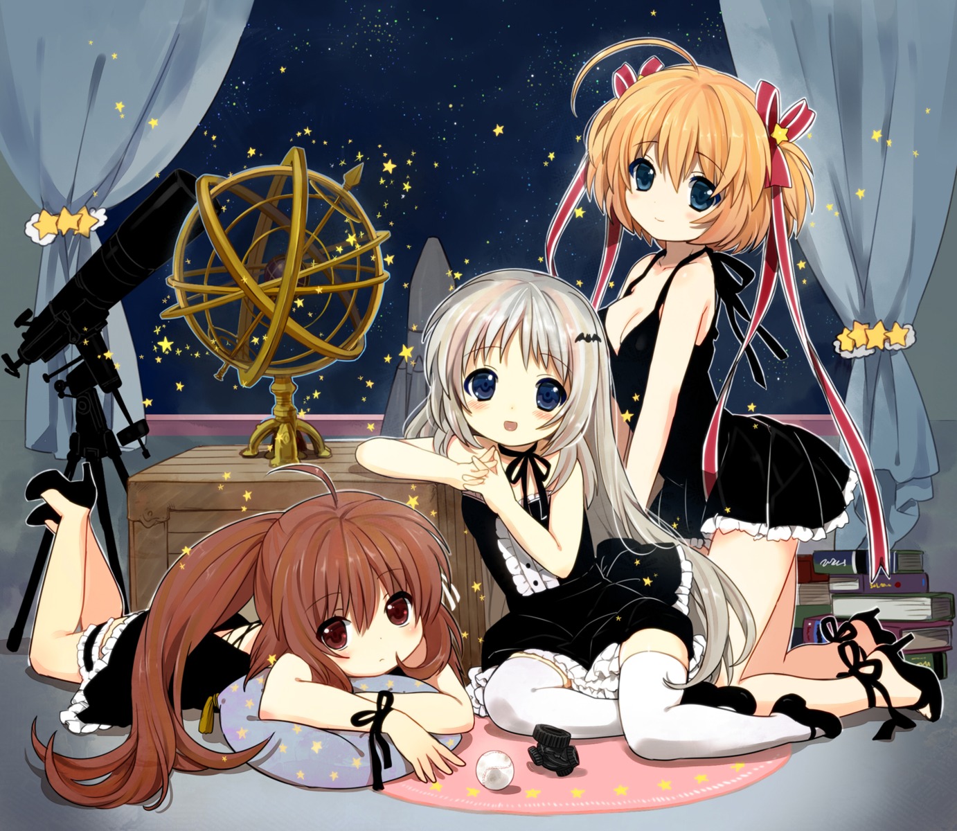 cleavage, dress, garter, jamijami, kamikita_komari, little_busters!, natsume_rin, noumi_kudryavka, thighhighs