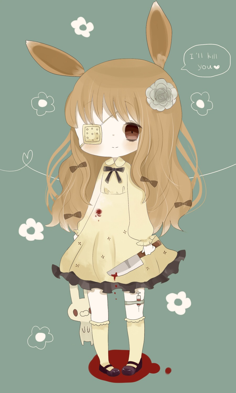 animal_ears, blood, eyepatch, garter, roromi, yandere