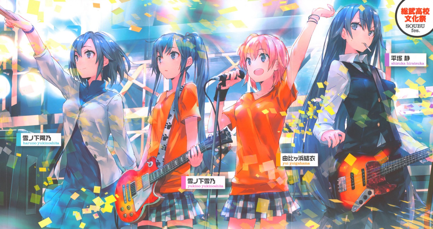 crease, fixme, guitar, hiratsuka_shizuka, ponkan_8, smoking, thighhighs, yahari_ore_no_seishun_lovecome_wa_machigatteiru., yuigahama_yui, yukinoshita_haruno, yukinoshita_yukino